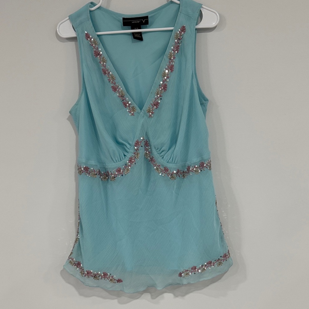 Venezia Turquoise Sleeveless Blouse with Floral Accents